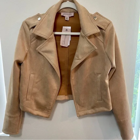 Philosophy Women’s Faux Leather Jacket Coat open front size XS Tan Brown NWT - Picture 3 of 9